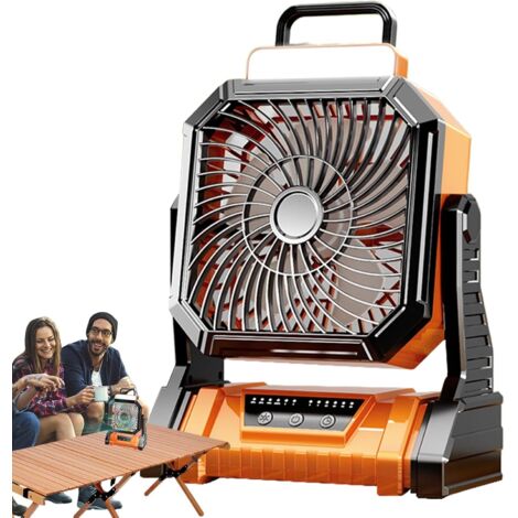 Ventilateur de camping portable, 4 vitesses, avec lanterne 5400 mAh, pour intérieur, terrasse, tente, plage, voyage, garage, chambre, orange