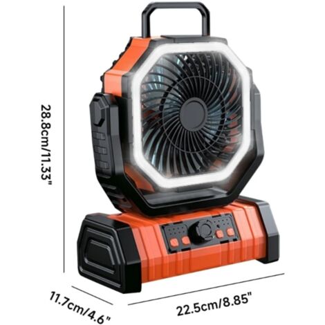 Ventilateur de camping portable orange - 20 000 mAh, longue autonomie, grande capacité, à suspendre sous une tente.