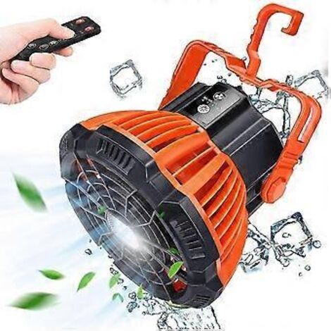 Ventilateur de camping portable, ventilateur de tente avec lanterne LED, alimenté par batterie rechargeable.