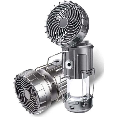 Ventilateur de camping solaire 2 en 1 avec lampe LED réglable, portable et rechargeable.