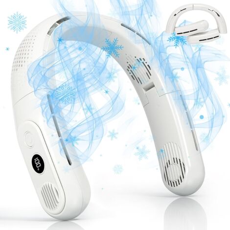 Ventilateur de Cou Rechargeable Blanc, Modèle Pliable 2023 avec Affichage Numérique et 3 Vitesses