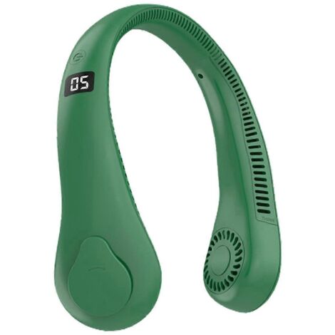 Ventilateur de cou suspendu sans feuilles, mini ventilateur portable vert, pratique et facile à utiliser.