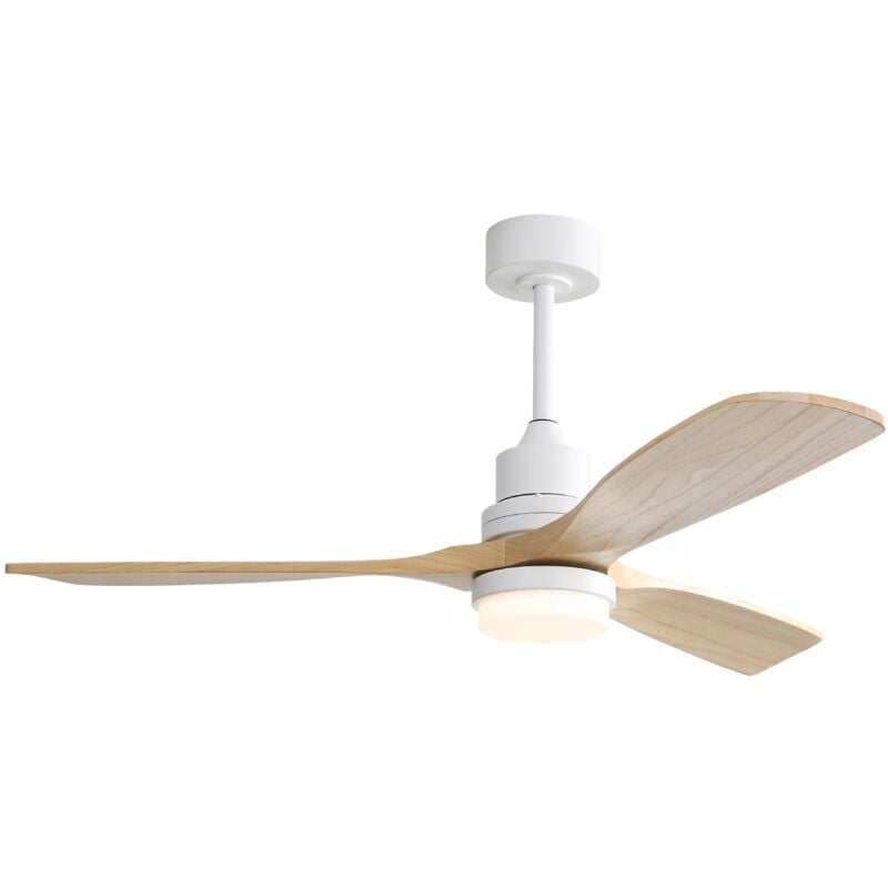 Ventilateur de plafond 132 cm, avec 3 pales en bois massif, 6 vitesses, lumière led dimmable, moteur dc réversible, pour salon et chambre - Naturel