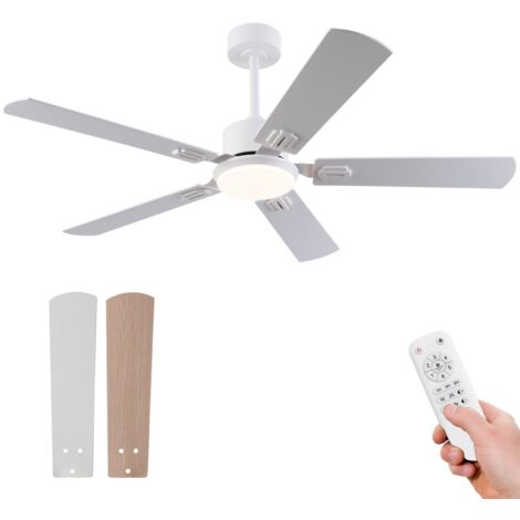 Ventilateur de plafond 132x132x33-45.7 cm LED variable, 5 pales double finition blanche et bois naturel moteur réversible 6 vitesses télécommande