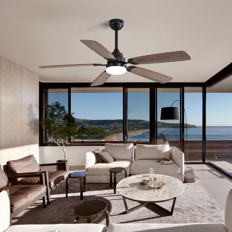 Ventilateur de plafond 132x132x49cm, LED, avec télécommande, moteur DC, MDF, noir/marron