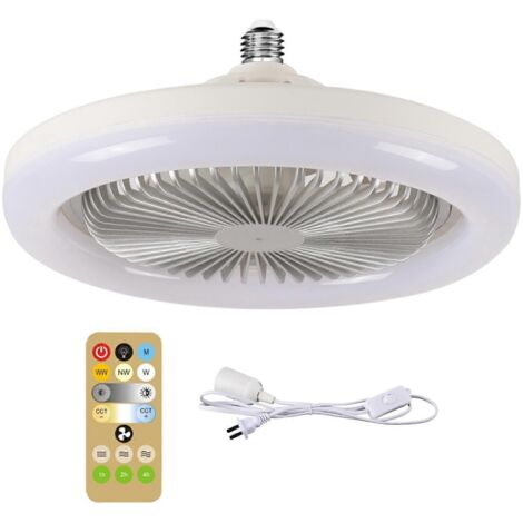 Ventilateur de plafond 2 en 1 avec éclairage LED E27 30 W, variateur, minuterie et télécommande (prise US), couleur argent.