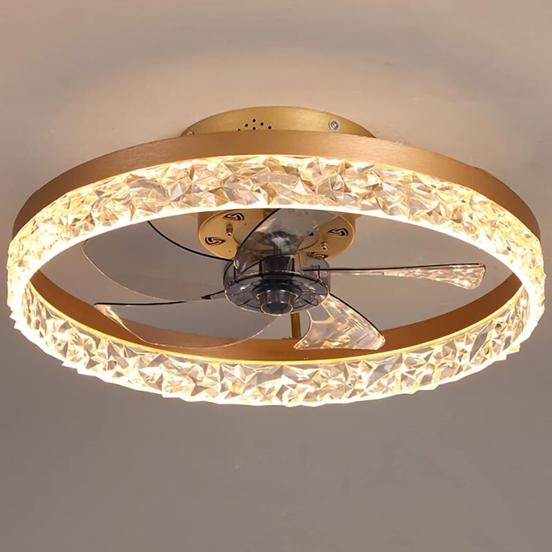Sjqka - Ventilateur de plafond 50 cm avec lumière, led à intensité variable, minuterie 6 vitesses, avec télécommande, doré