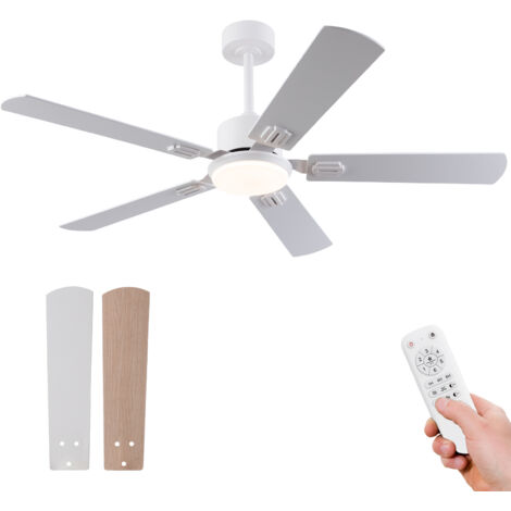 Ventilateur de plafond 52 pouces avec lumière et télécommande, design plat moderne pour chambre à coucher, 5 pales double finition blanc & bois naturel, LED dimmable, moteur réversible 6 vitesses