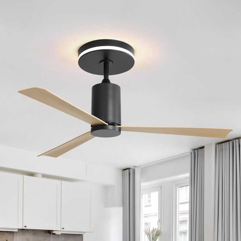 Ventilateur de plafond encastré de 132 cm avec lumière led et Télécommande,Moteur dc silencieux à 3 Pales abs en grain de bois clair,Corps en nickel