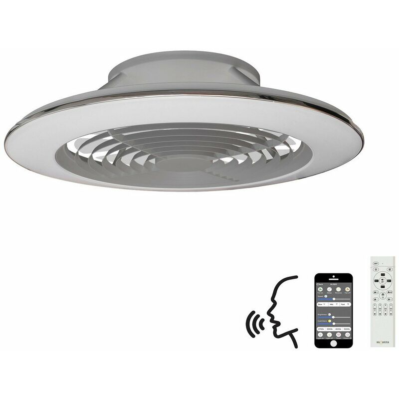 Mantra - Alisio xl Plafonnier led à intensité variable et ventilateur réversible 58 w dc, argent, télécommande, app et commande vocale Alexa/Google