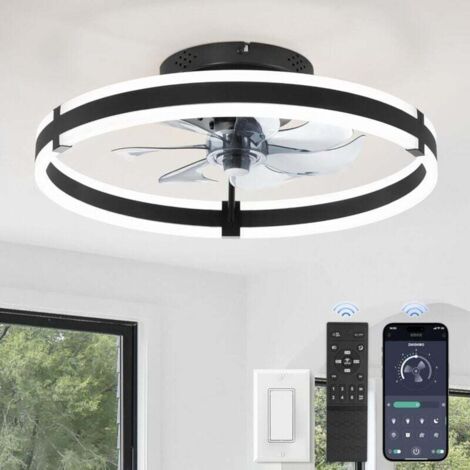 Ventilateur de plafond avec éclairage et télécommande, 50 cm, éclairage LED encastré moderne à intensité variable de 3 000 à 6 000 K, 6 vitesses de vent, noir, pour chambre à coucher