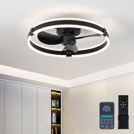 Ventilateur de plafond avec éclairage et télécommande, 50 cm, éclairage LED encastré moderne à intensité variable de 3 000 à 6 000 K, 6 vitesses de vent, noir, pour chambre à coucher