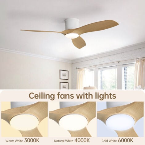 SOFUCOR Ventilateur de plafond avec éclairage et télécommande, blanc, 132 cm, 3 pales ABS