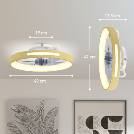 Ventilateur de plafond avec éclairage et télécommande, ventilateur de plafond LED de 49 cm avec 3 températures de couleur, finition bois naturel