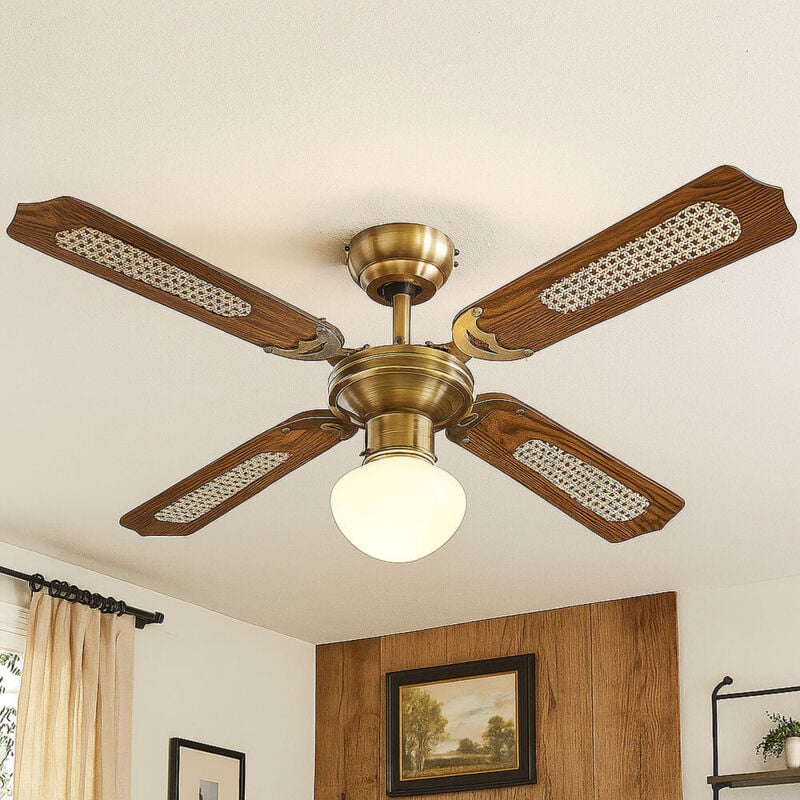 Ventilateur de plafond avec éclairage Eté Hiver Ventilateur de plafond pour plafonds, pales réversibles, couleur chêne avec interrupteur à tirette et