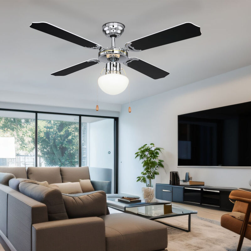 Ventilateur de plafond avec éclairage, interrupteur à tirette de retour avant, lampe en verre, ventilateur de machine à vent, métal chromé, froid et