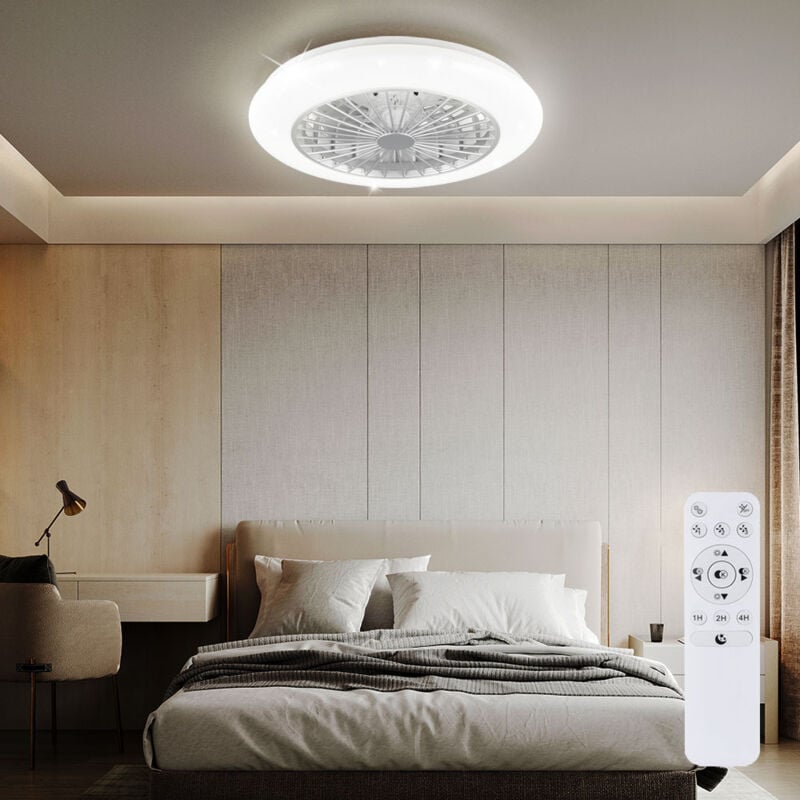 Ventilateur de plafond avec éclairage plafonnier lampe de salon, télécommande variateur veilleuse effet ciel étoilé, couleur titane, 1x LED 30W