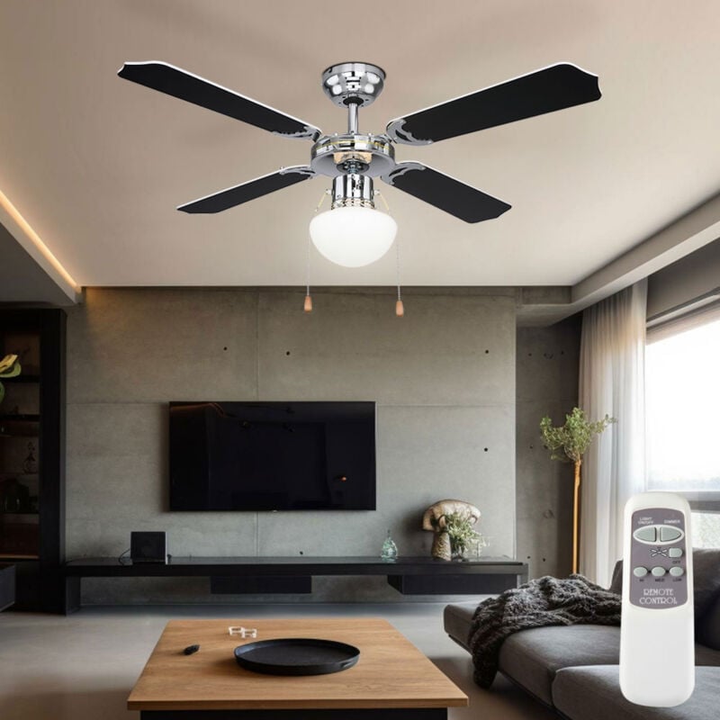 Ventilateur de plafond avec interrupteur à tirette 3 vitesses Pales réversibles Avance et retour Plafonnier mode été hiver Télécommande, 1x E27, DxH