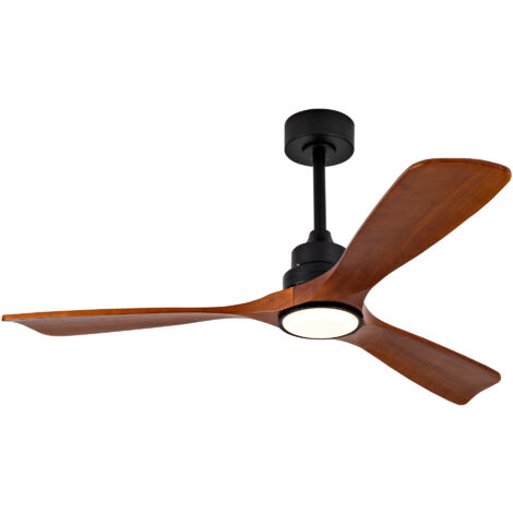 Ventilateur de plafond avec lumière, 3 pales en bois noyer foncé, moteur dc réversible, télécommande et interrupteur mural, noir