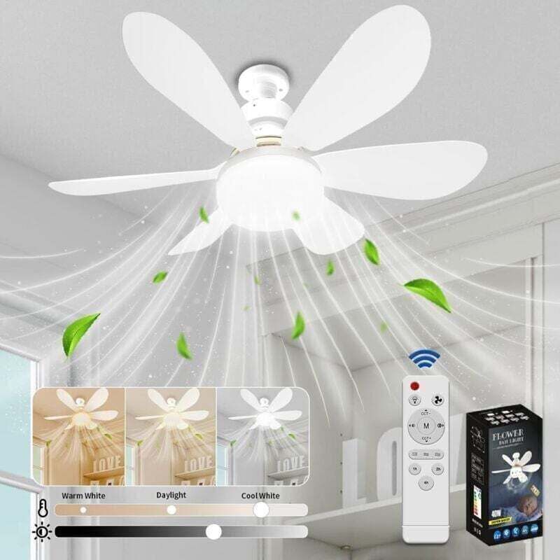 Odipie - Ventilateur de Plafond avec Lumière et Telecommande, led Ventilateur Dimmable Plafonnier avec 40W E27 Lampe Intégrée, 6 Pales, 3 Vitesses,