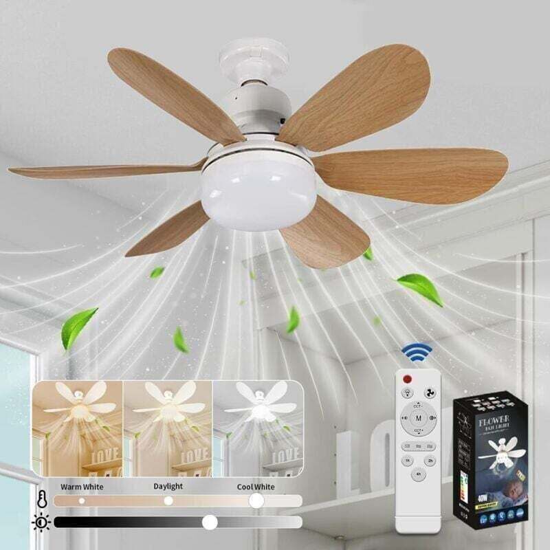 Odipie - Ventilateur de Plafond avec Lumière et Telecommande, led Ventilateur Dimmable Plafonnier avec 40W E27 Lampe Intégrée, 6 Pales, 3 Vitesses,