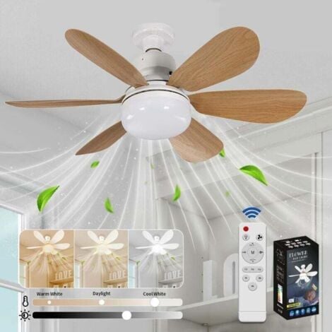 Ventilateur de Plafond avec Lumière et Telecommande, LED Ventilateur Dimmable Plafonnier avec 40W E27 Lampe Intégrée, 6 Pales, 3 Vitesses, Silencieux, pour Salon, Chambre, Coucher (Grain de Bois)