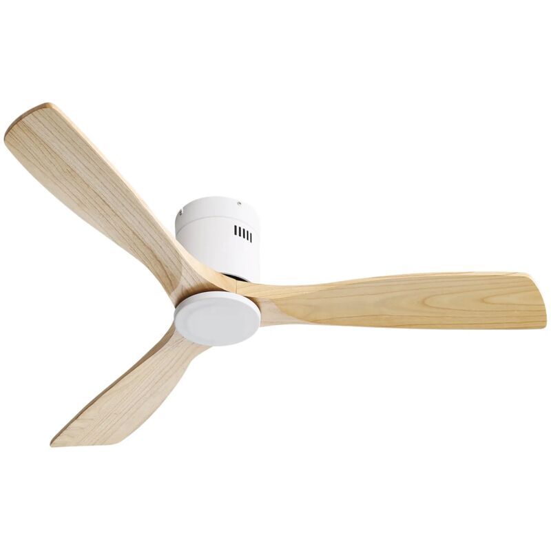 Ventilateur de plafond avec pales en bois, moteur CC réversible et silencieux, et télécommande. Finition bois blanc et naturel