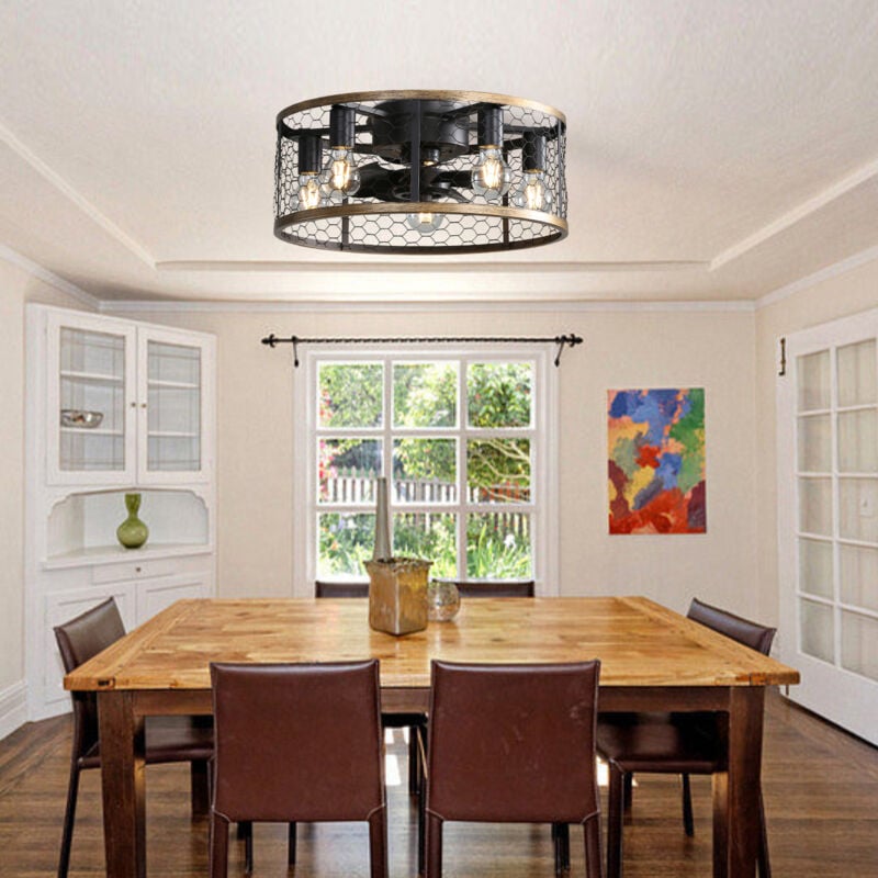 Ventilateur de plafond avec télécommande, 50,8 x 50,8 x 18 cm, avec ampoule, style industriel, type cage, abs + métal, noir