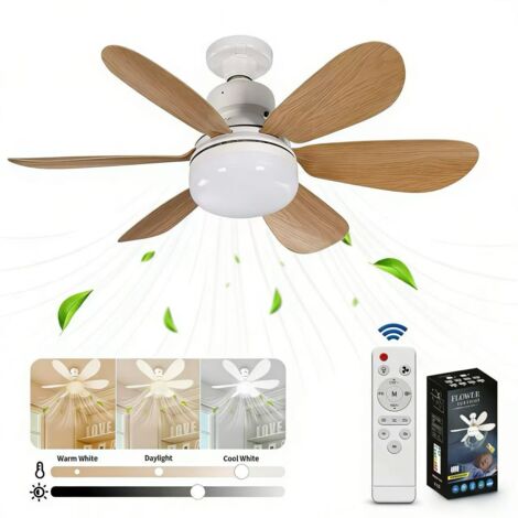 Ventilateur de plafond avec télécommande, plafonnier LED, intensité variable, six pales, 3 vitesses de ventilation, 40 W, culot E27 (marron)