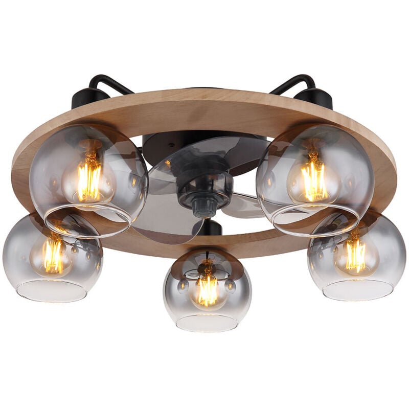 Ventilateur de plafond avec télécommande plafonnier ventilateur en bois lampe ventilateur rétro verre fumé, verre métal, 5x E27, DxH 55x21,5 cm