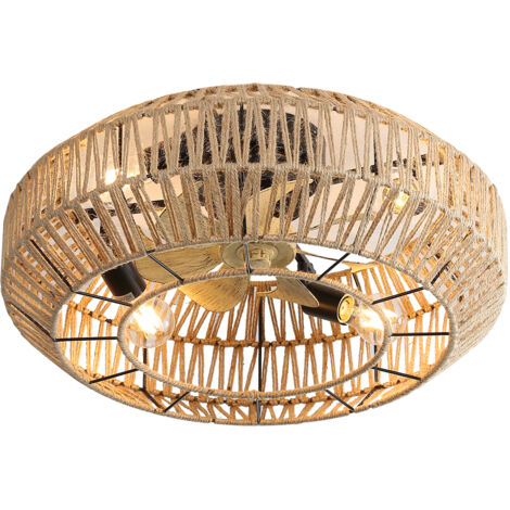 Ventilateur de plafond cage de style bohème de 56 cm, fabriqué en rotin tressé dense, avec 6 réglages de vitesse de ventilation, moteur CC réversible et télécommande incluse.