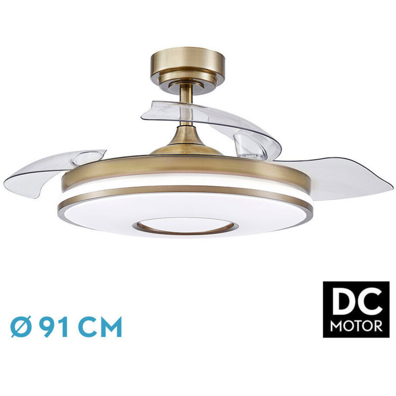 Fabrilamp - Ventilateur de plafond dc > avec pales rabattables et télécommande (48 w, 3 cct, 4800 lm) Ø38-91 x 32 44,5 cm, couleur cuir