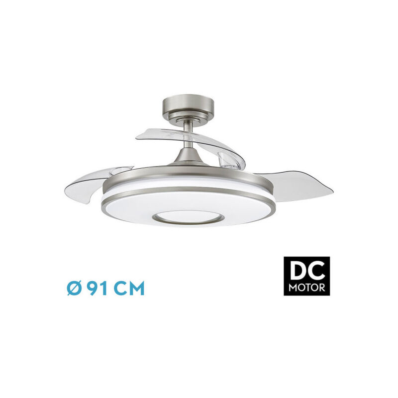 Fabrilamp - Ventilateur de plafond dc > avec pales rabattables et télécommande (48 w, 3 cct, 4800 lm) Ø38 91 x 32 44.5 cm, couleur nickel