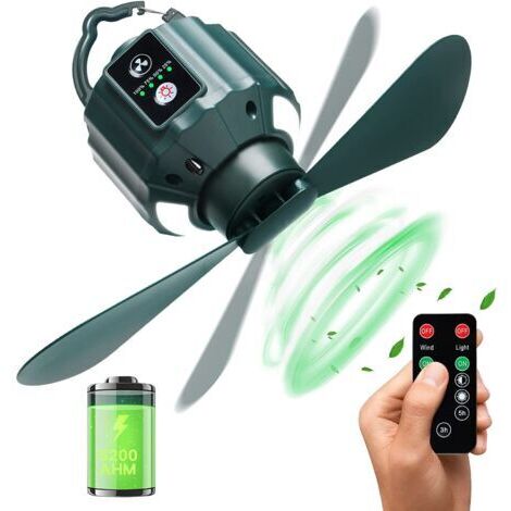 Ventilateur de plafond de camping, ventilateur de plafond de tente portable rechargeable USB 5200 mAh avec télécommande, ventilateur de camping, voyage, pêche, randonnée, barbecue