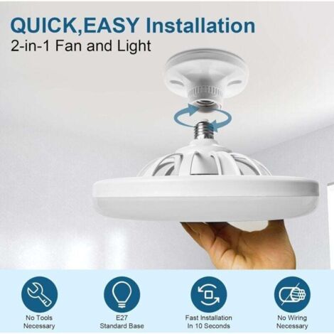 Ventilateur de plafond éclairé, ventilateur de plafond fermé silencieux E27 de 10 pouces, 30W, ventilateur mural portable enfichable pour chambre à coucher et salon，Gradation de trois couleurs