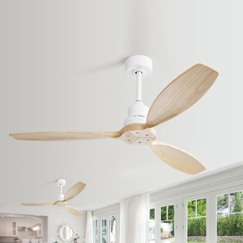 Ventilateur de plafond encastré de 132cm, avec 3 pales en bois massif, 6 vitesses, télécommande, 2 modes de flux d'air, moteur réversible silencieux
