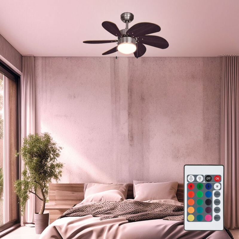 Ventilateur de plafond Interrupteur à tirette Ventilateur aller et retour Plafonnier Ventilateur, bois brun, titane, télécommande dimmable, rgb led