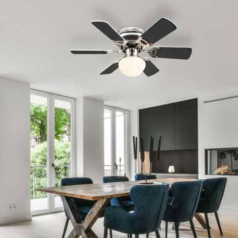 Ventilateur de plafond Lampe de salon Retour avant, pales réversibles Interrupteur à tirette, verre nickel mat, 1x E27, DxH 76 x 28 cm