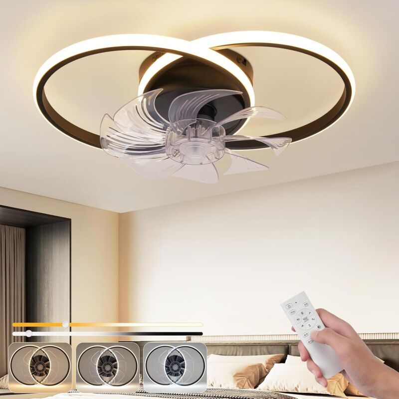Ventilateur de plafond LED avec éclairage - GBLY 36 W Noir Plafonnier silencieux avec ventilateur et télécommande 3 températures de couleur 6