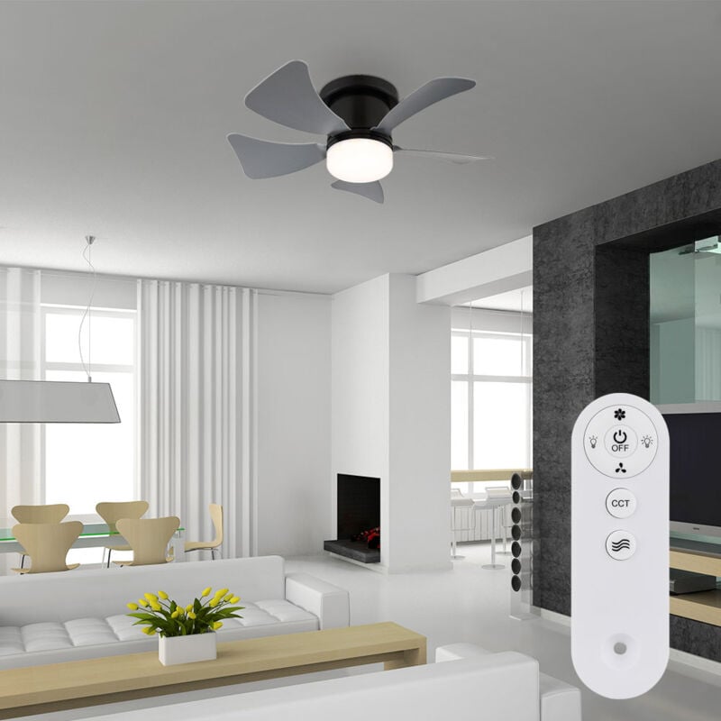 Ventilateur de plafond led Télécommande Lampe lumière du jour Ventilateur gris Minuterie cct, 10W 750lm blanc chaud-blanc froid, d 40,6 cm