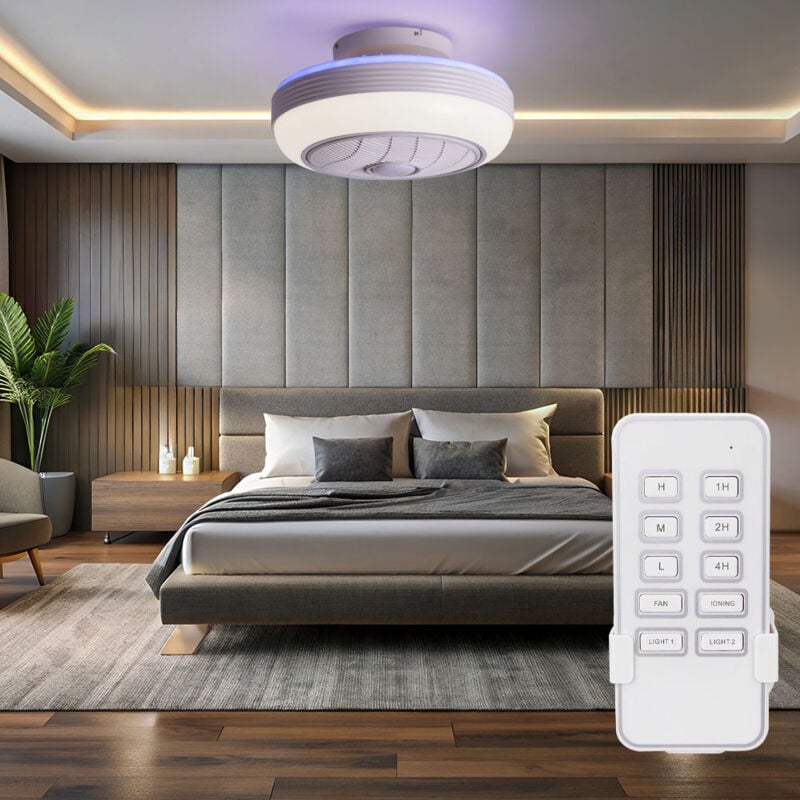 Ventilateur de plafond avec télécommande plafonnier ventilateur refroidisseur de lumière de salon, métal noir aspect bois, minuterie cct, led, d 46 cm