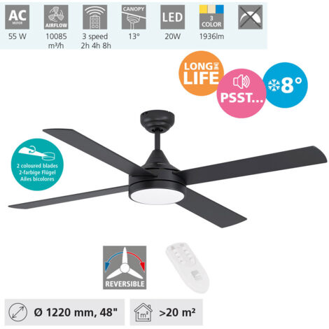 Ventilateur de plafond LED Trinidad 3450K / 1x20W H: 32,6cm Ø: 122cm Noir incl. DÉCUT CONTRÔLE, DIMMINATION À 3 ÉTAPES