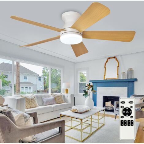 Ventilateur de plafond moderne avec lumière : 42 pouces blanc Petits ventilateurs - Ventilateurs de plafond à gradation avec télécommande 5 pales en bois réversibles 6 vitesses Minuterie