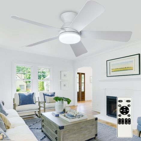 Ventilateur de plafond moderne avec lumière : Petit ventilateur de 42 pouces blanc - Ventilateur de plafond à gradation avec télécommande 5 pales blanches réversibles 6 vitesses minuterie