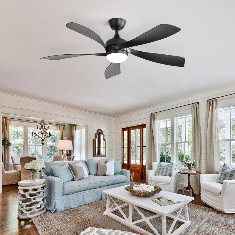 Ventilateur de plafond moderne Sofucor 132 cm, intérieur/extérieur, avec éclairage et télécommande, tout noir