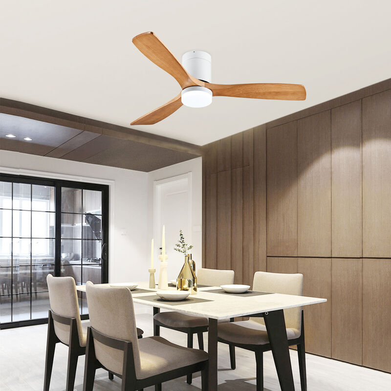 Sifree - Ventilateur de plafond moteur pales en Bois massif avec lumière/Silencieux, tricolore à intensité variable Φ132H28cm- couleur acajou + noir
