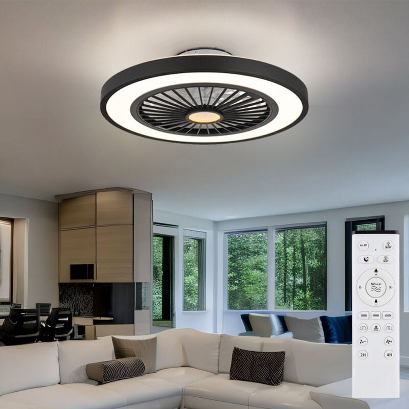 Ventilateur de plafond plafonnier lampe de salon lampe de chambre à coucher, métal plastique noir, télécommande dimmable rotation droite/gauche