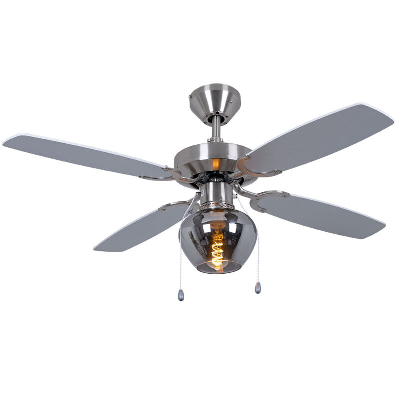 Nowa - Ventilateur de plafond Lampe de plafond Ventilateur Salon Verre fumé, interrupteur à tirette 3 positions, métal argenté Verre, 1x douille E27,