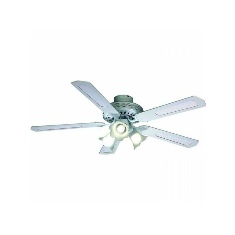 Ventilateur de Plafond - Plafonnier réversible Farelek baleares - ø 132 cm, 5 pales blanches / cannées blanches + éclairage