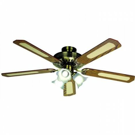 Ventilateur de Plafond - Plafonnier  réversible FARELEK BALEARES - Ø 132 cm, 5 pales noyer / cannées + éclairage 3 tulipes 60 W E27